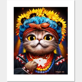 Cute Ukrainian cat patriot in the wreath of flowers Posters and Art